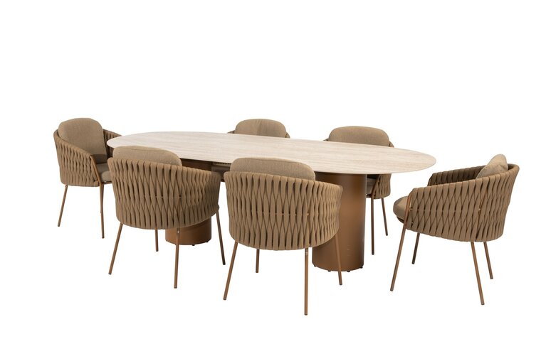 4so Molina 7-delige dining set keramiek ovaal rope - frame amber