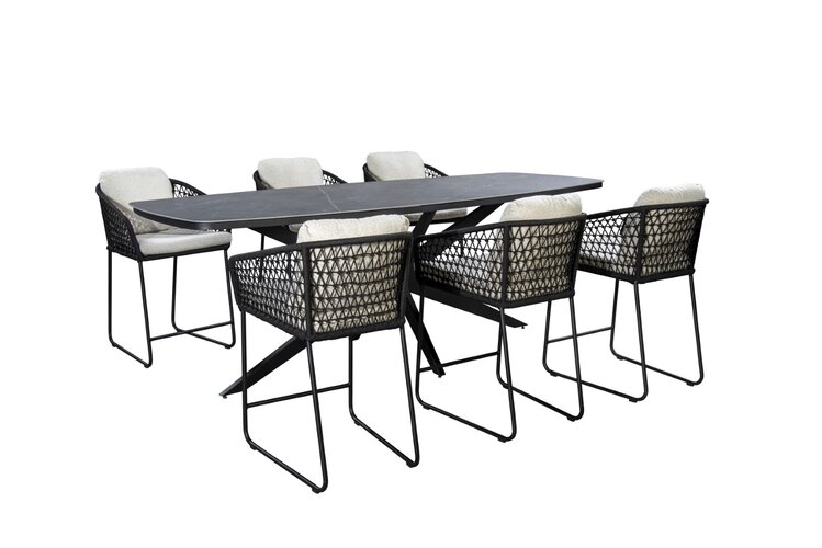 Yoi Bara 7-delige high dining setblack frame black rope  wool white boucle kussenset - afbeelding 1