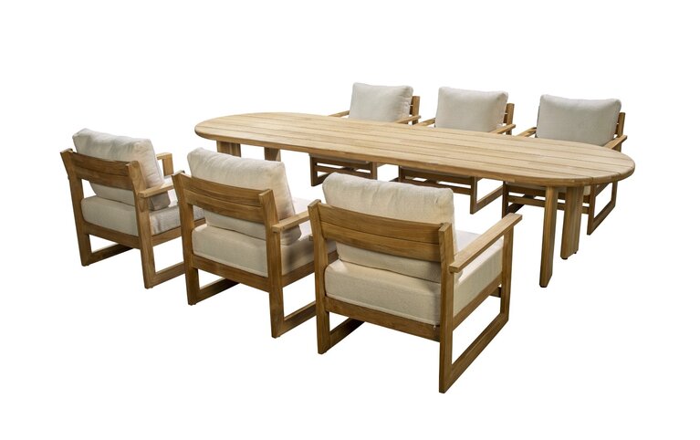 Yoi Fidji 7-dlg lounge low dining set teak - naturel all weather kussenset